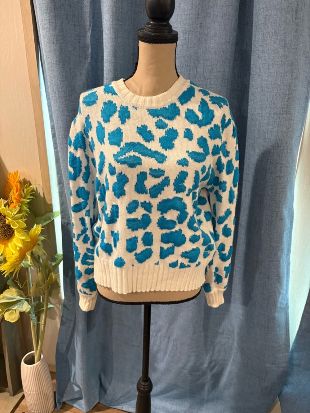 Cream Crewneck Sweater with Blue Leopard Print - Women